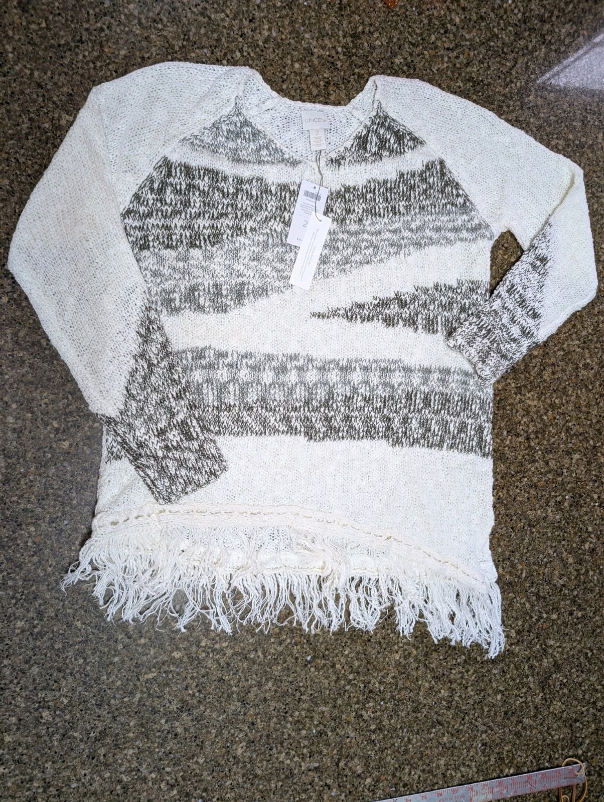 Chicos Womens Fringe Sweater Size 2 White Moss Green