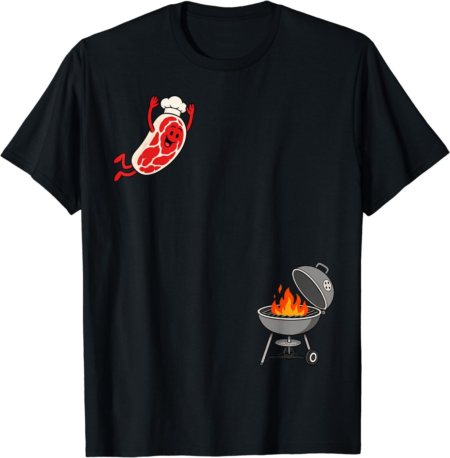 Funny Chef Steak Jumping Into BBQ Grill Cartoon T-Shirt