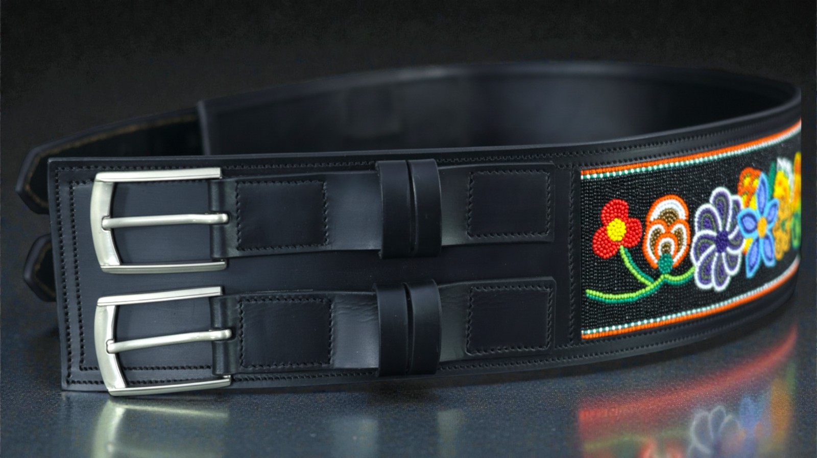 Beaded Wide Leather Belt | Floral Statement Western Waist Belt | Double Buckle