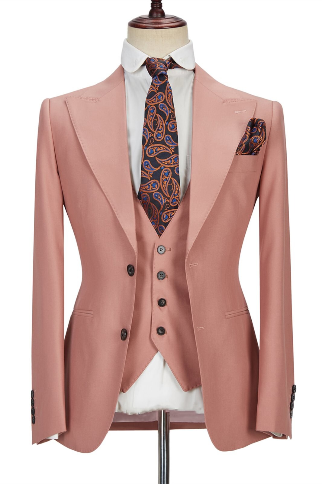 Men Suits Jacket Vest Pants Peak Lapel Wedding Prom Groom Tuxedos Regular Fit