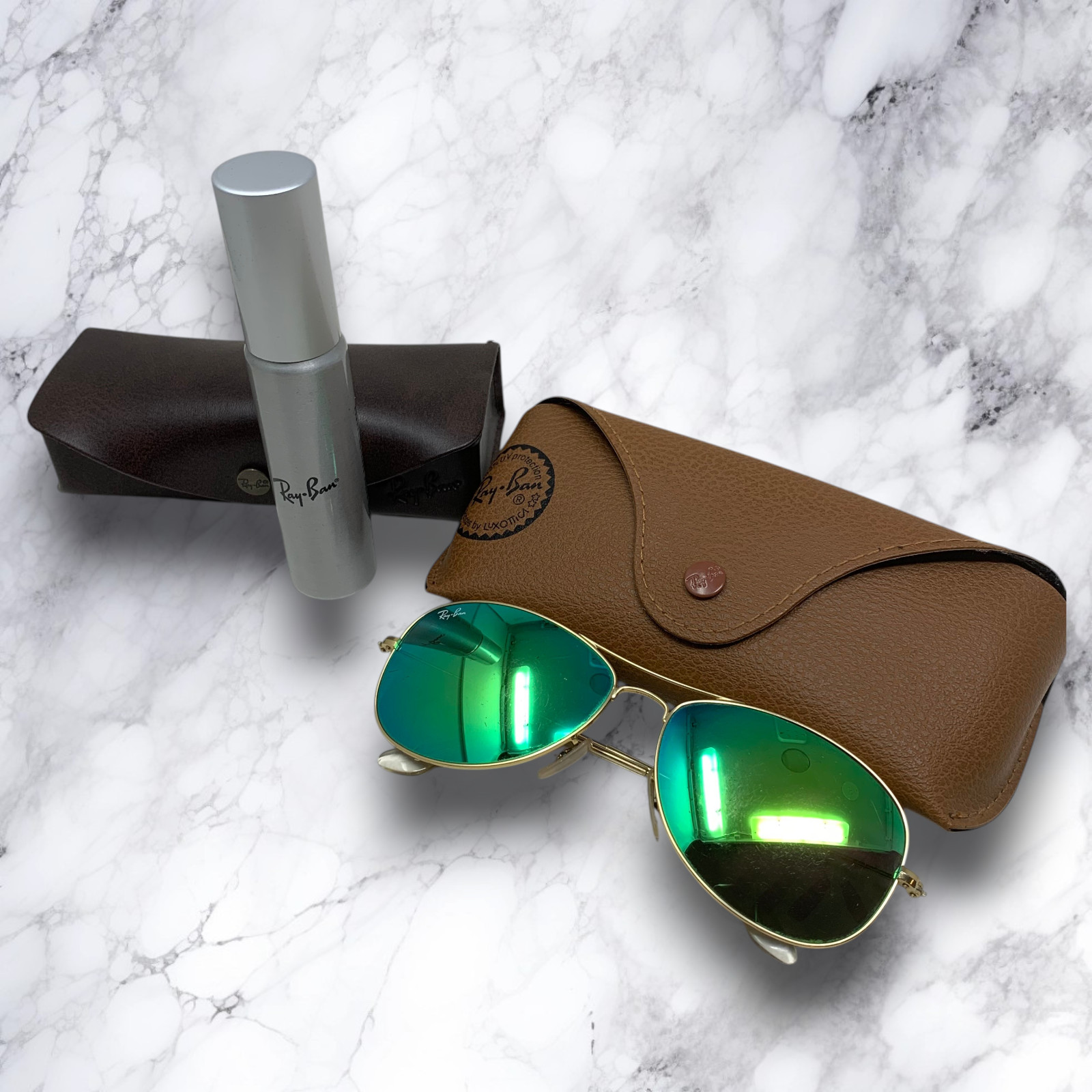 Ray-Ban Cockpit Aviator 112/19 Green Mirror 60mm Sunglasses + Case Cleaning Kit