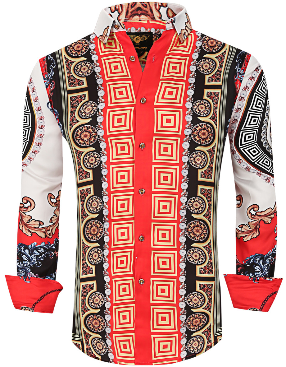 Mens PREMIERE Long Sleeve Button Down Dress Shirt SILKY WHITE RED GOLD LEAF 648N