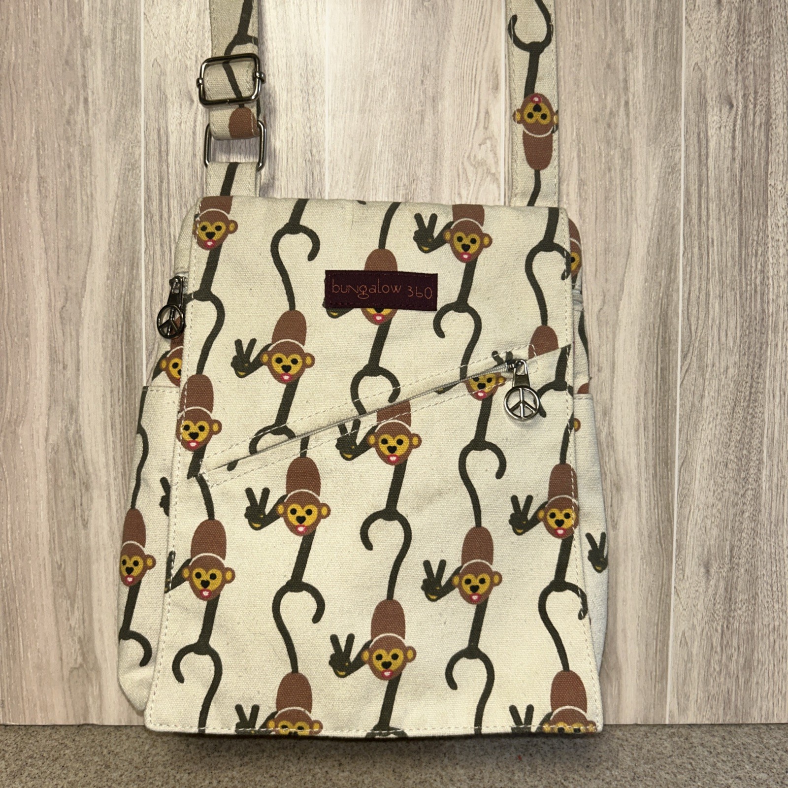 Bungalow 360 Monkey Canvas Cross Body Bag, 55” Strap, Polka Dot Lining, Peace
