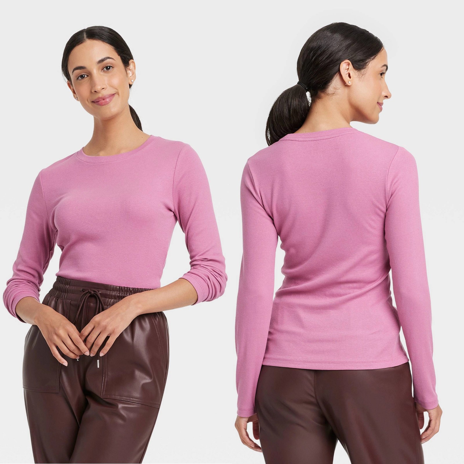 Medium – Womens Slim Fit Long Sleeve Ribbed T-Shirt – A New Day – Mauve