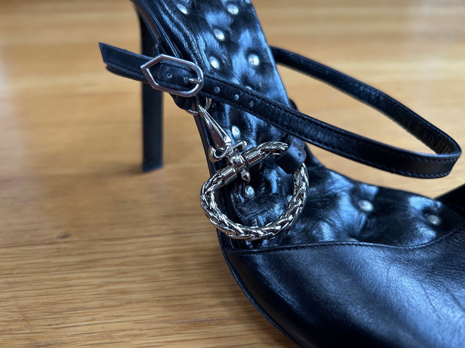 CESARE PACIOTTI Black Leather Sandals with Dagger &Sword Logo Size 10 IT 40 Good