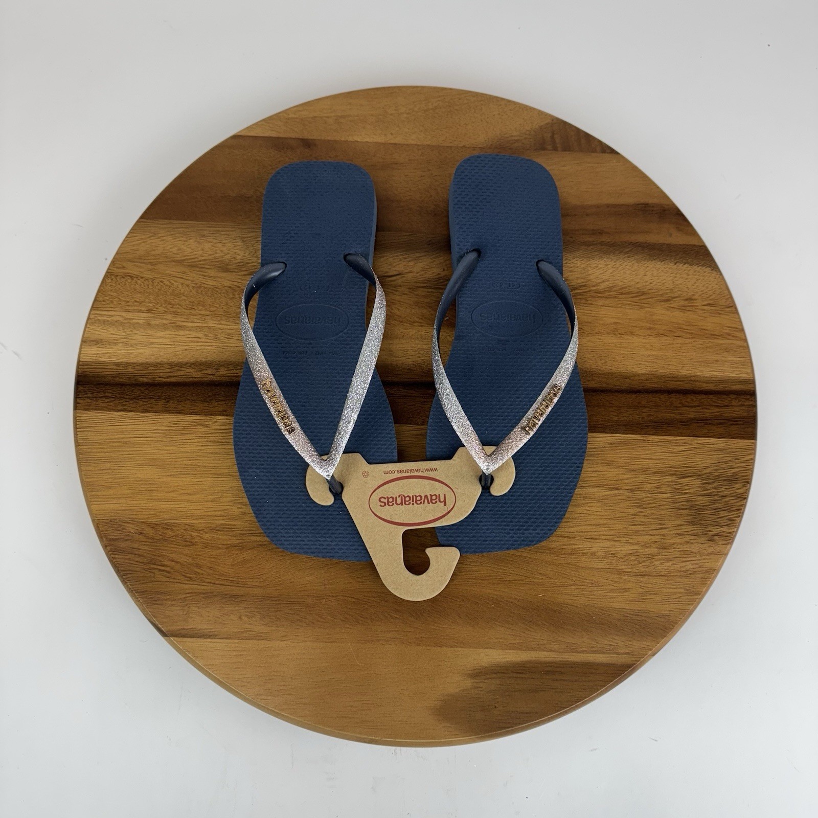 New Womens Havaianas Slim Square Blue Glitter Flip Flops Thong Sandals Size 11 M