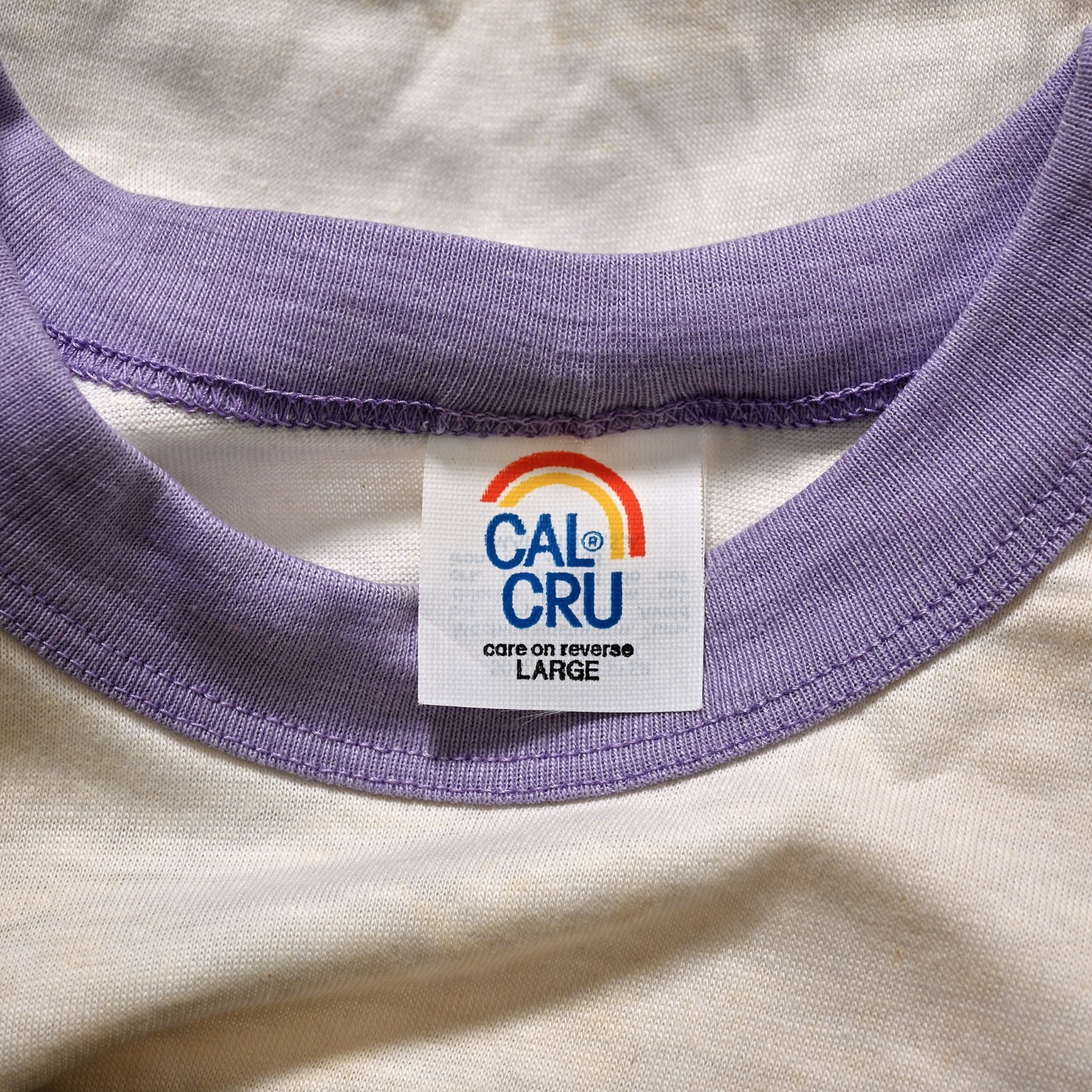 Vintage 80s Cal Cru Purple Sleeve Baseball T-Shirt Unisex L NOS