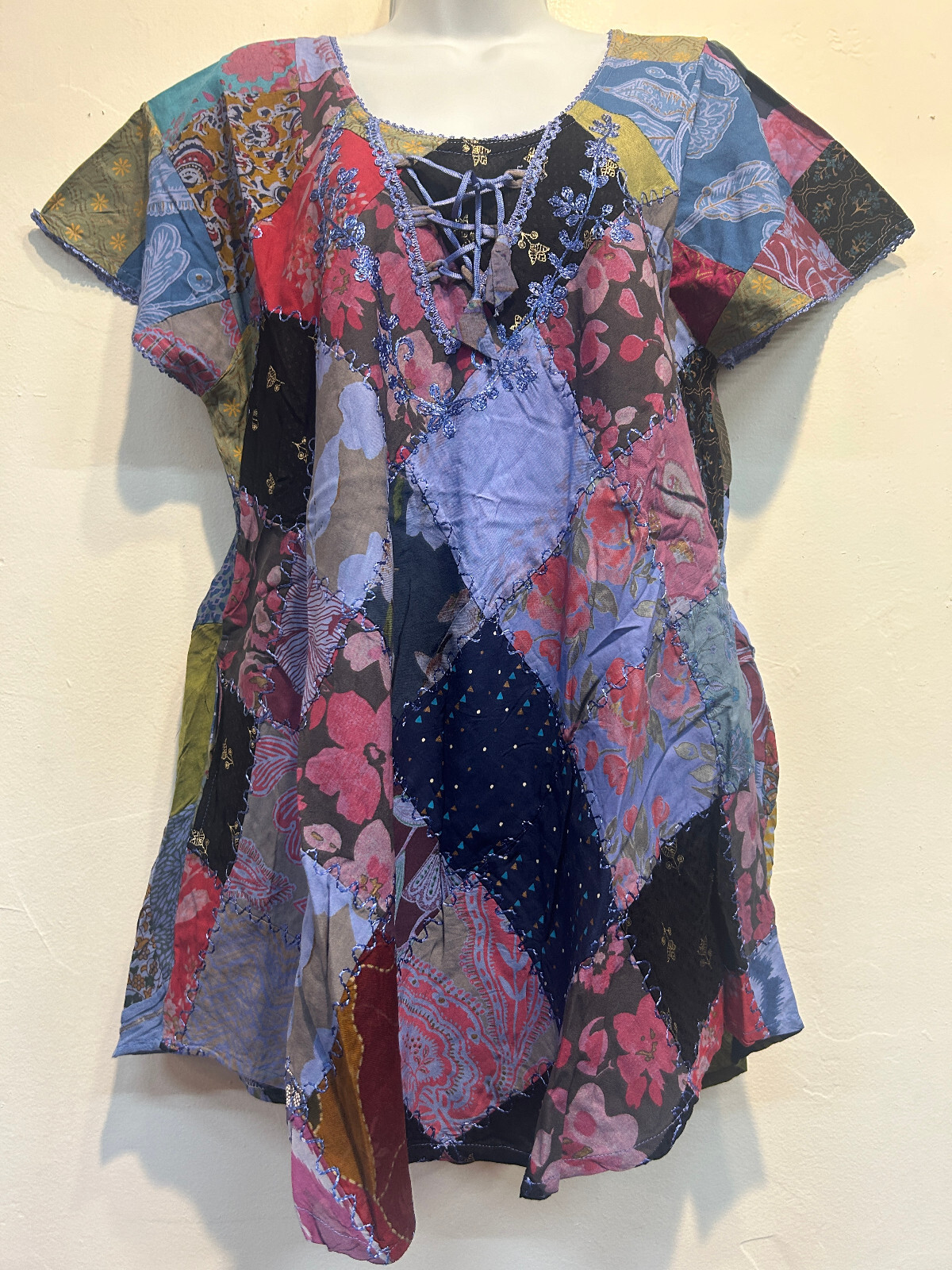 Nwt FUNKY STUFF hippie boho patch embroidered pockets umbrella TOP XL Free shipp