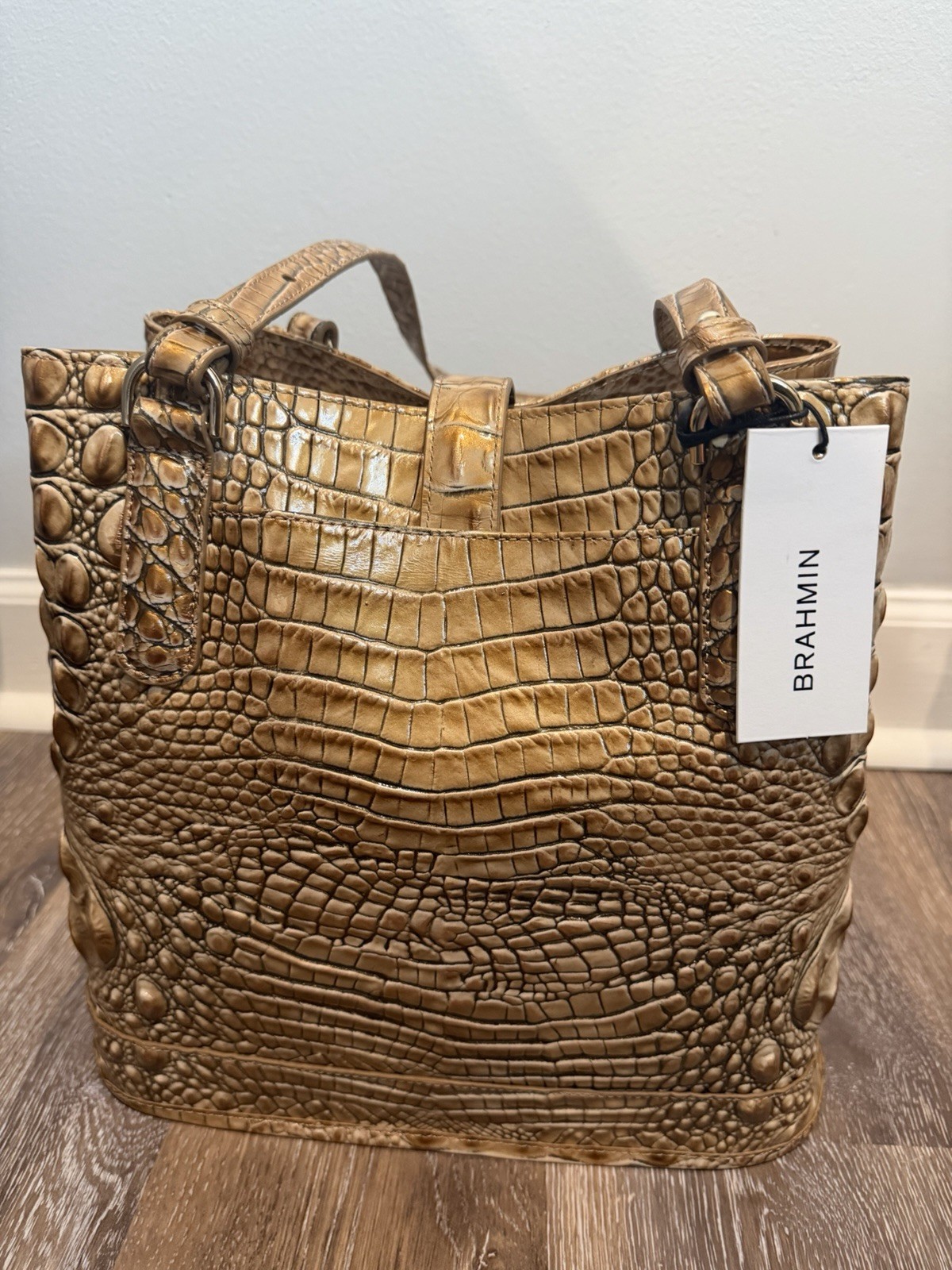 Brahmin Croc Embossed Brown Tote Turn Lock Detachable Adjustable Strap Pockets