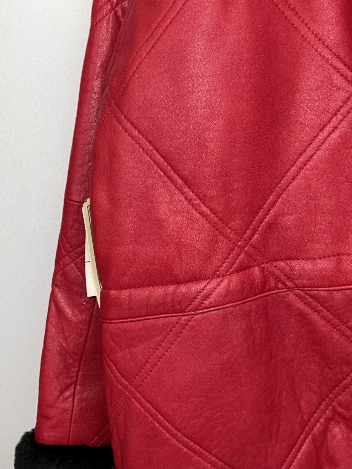 NWT Jacqueline Ferrar Red Quilted Leather Coat Jacket Black Fur Trim Womens L
