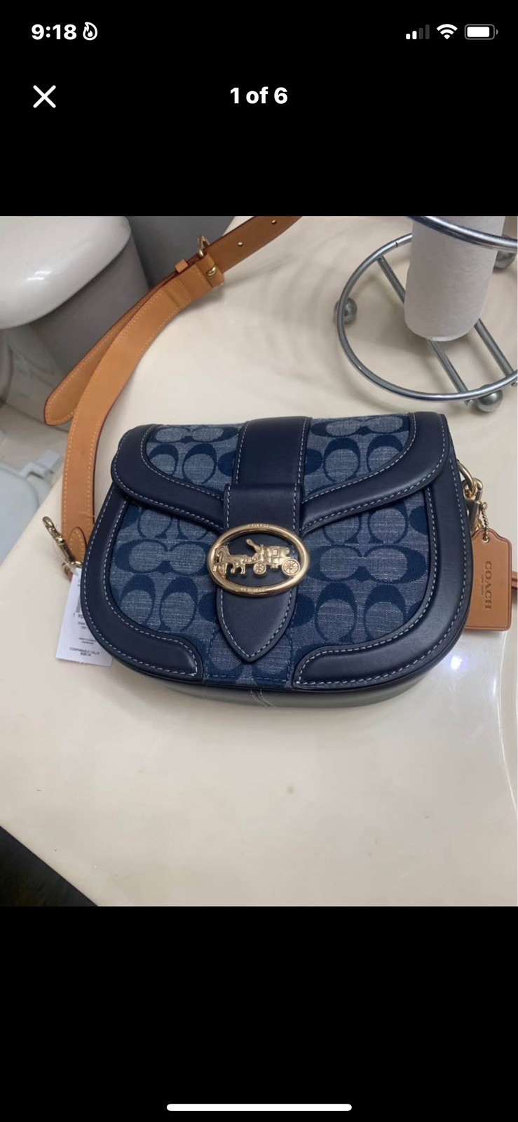Coach Signature Logo Blue Crossbody Bag Magnetic Closure Detachable Strap