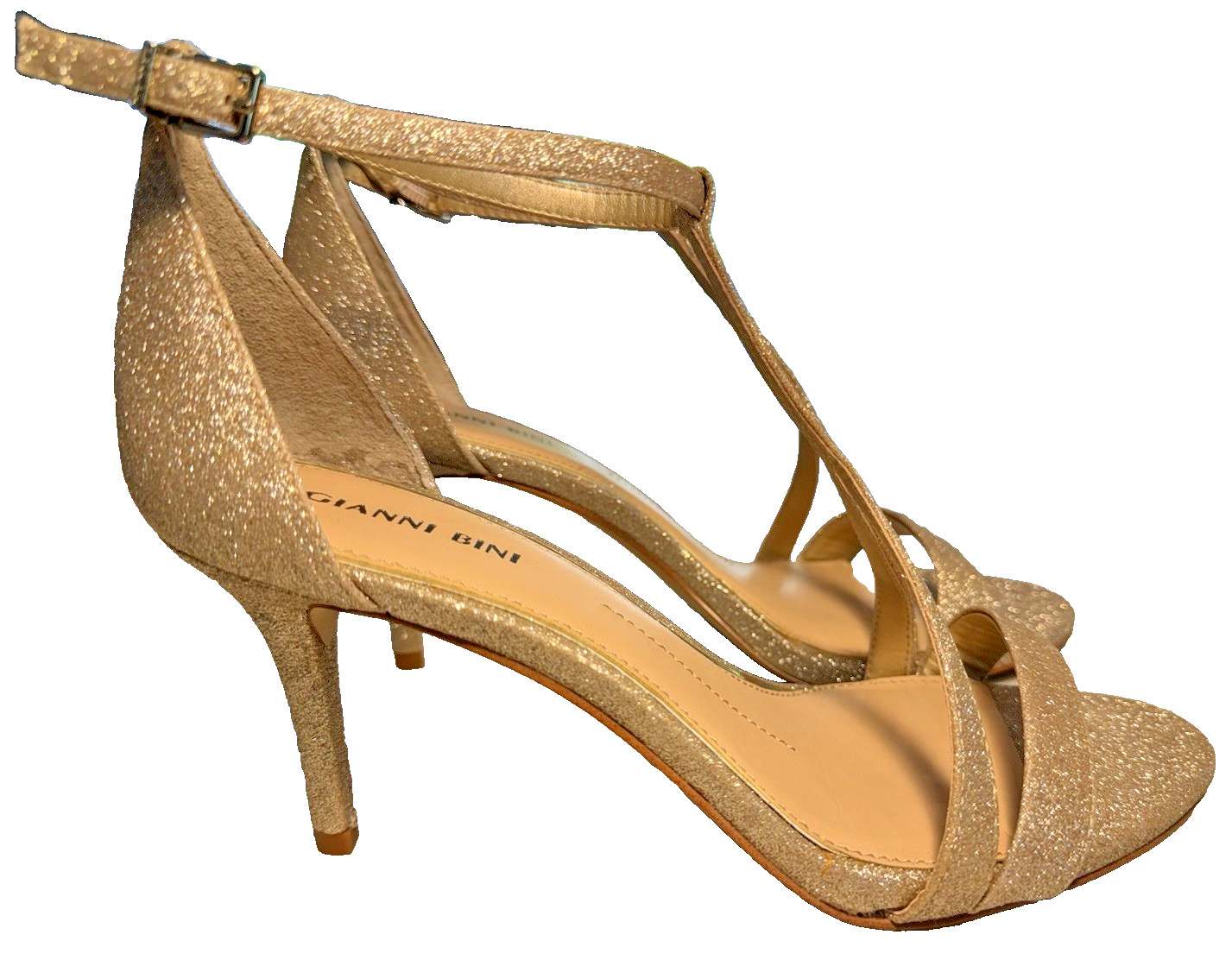 Gianni Bini Shaylinn sand gold t-strap strappy heels glitter sparkle shiny 9.5