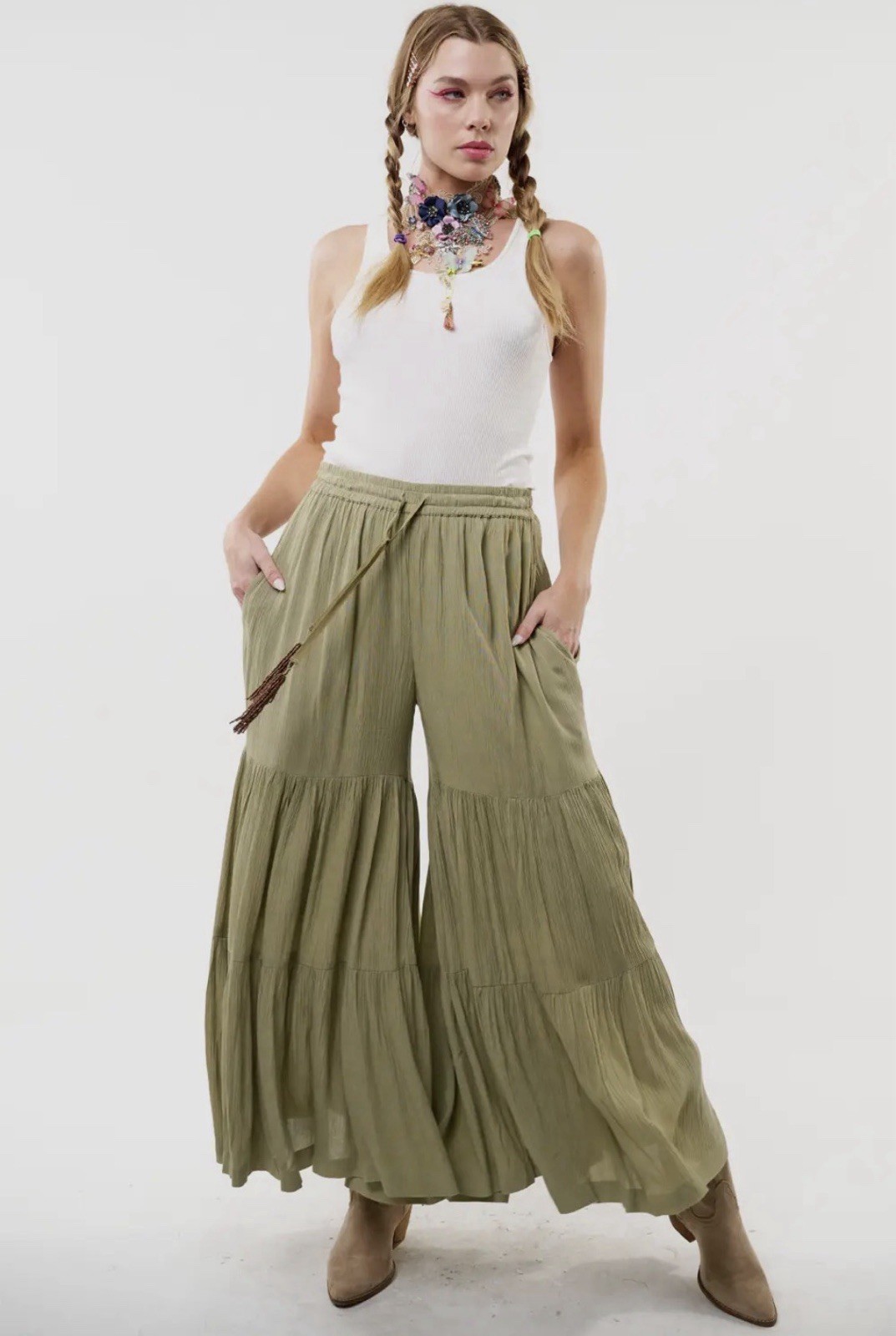 Aratta Dream Pants XL Olive Wide Leg Boho NWT Tiered Palazzo