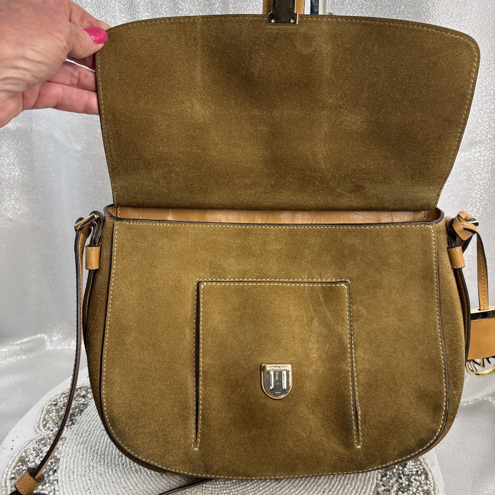 Michael Kors Tommy Suede Leather Vintage Messenger Bag Crossbody