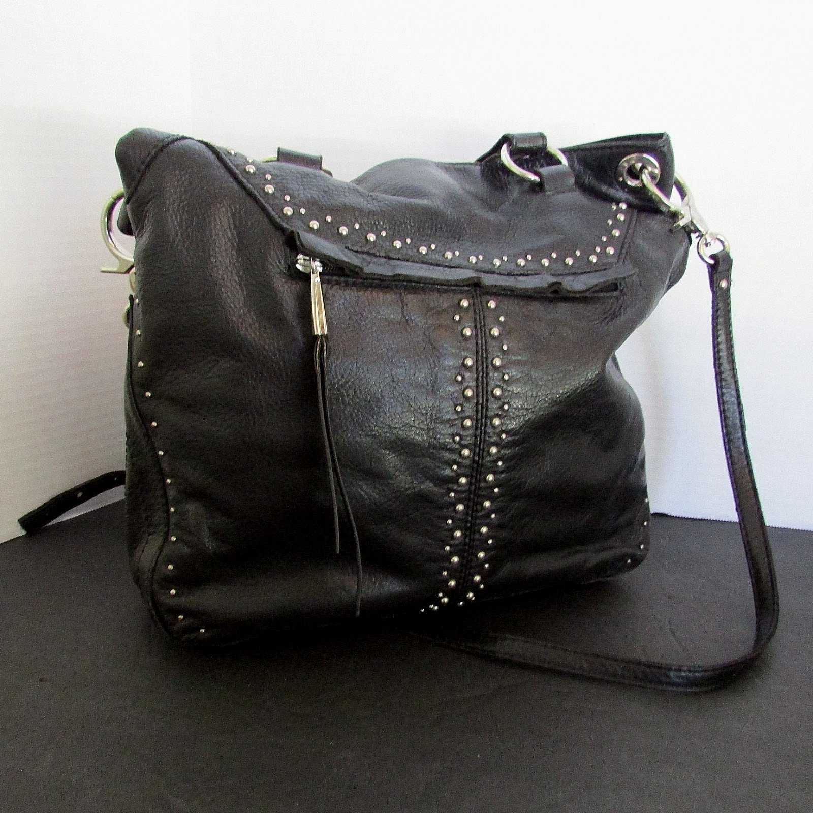 B Makowsky black Leather studded distressed Cross Body Shoulder large handbag