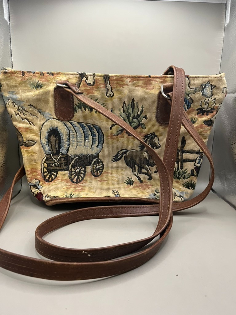 Vintage Horse Tapestry Purse Bag Staps Silver Buckle Wolf Cowboy Shoulder Bag