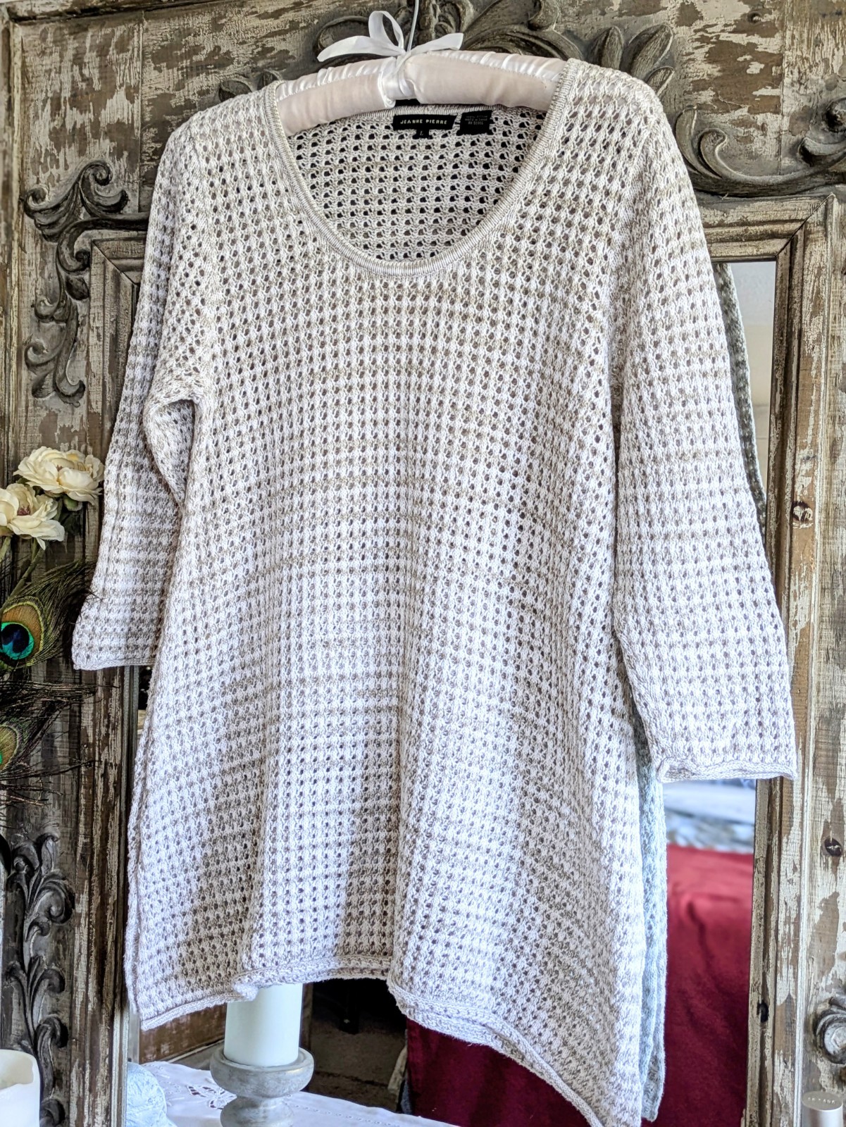 Jeanne Pierre 100% Cotton Sz L Beige Open Knit Beachy Sweater Coastal Grandma