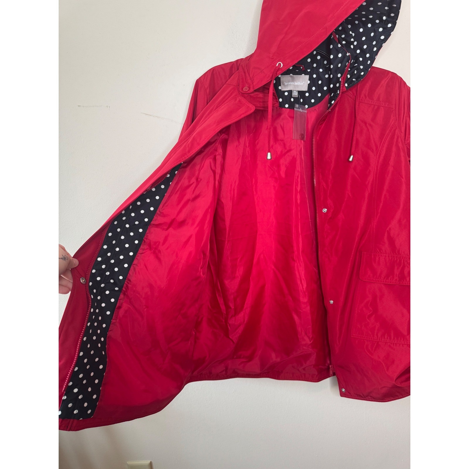 Rain Jacket Woman Within Red Hooded Polka Dot Lining Windbreaker