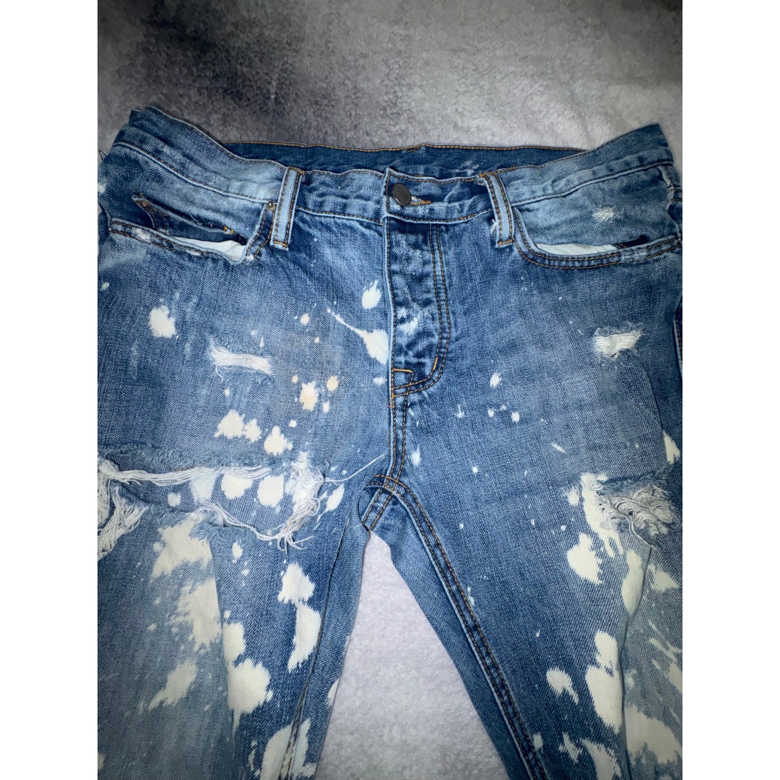 (B2) MNML Custom Bleach Splatter Distressed Cut Off Jeans Mens 34 Blue Street