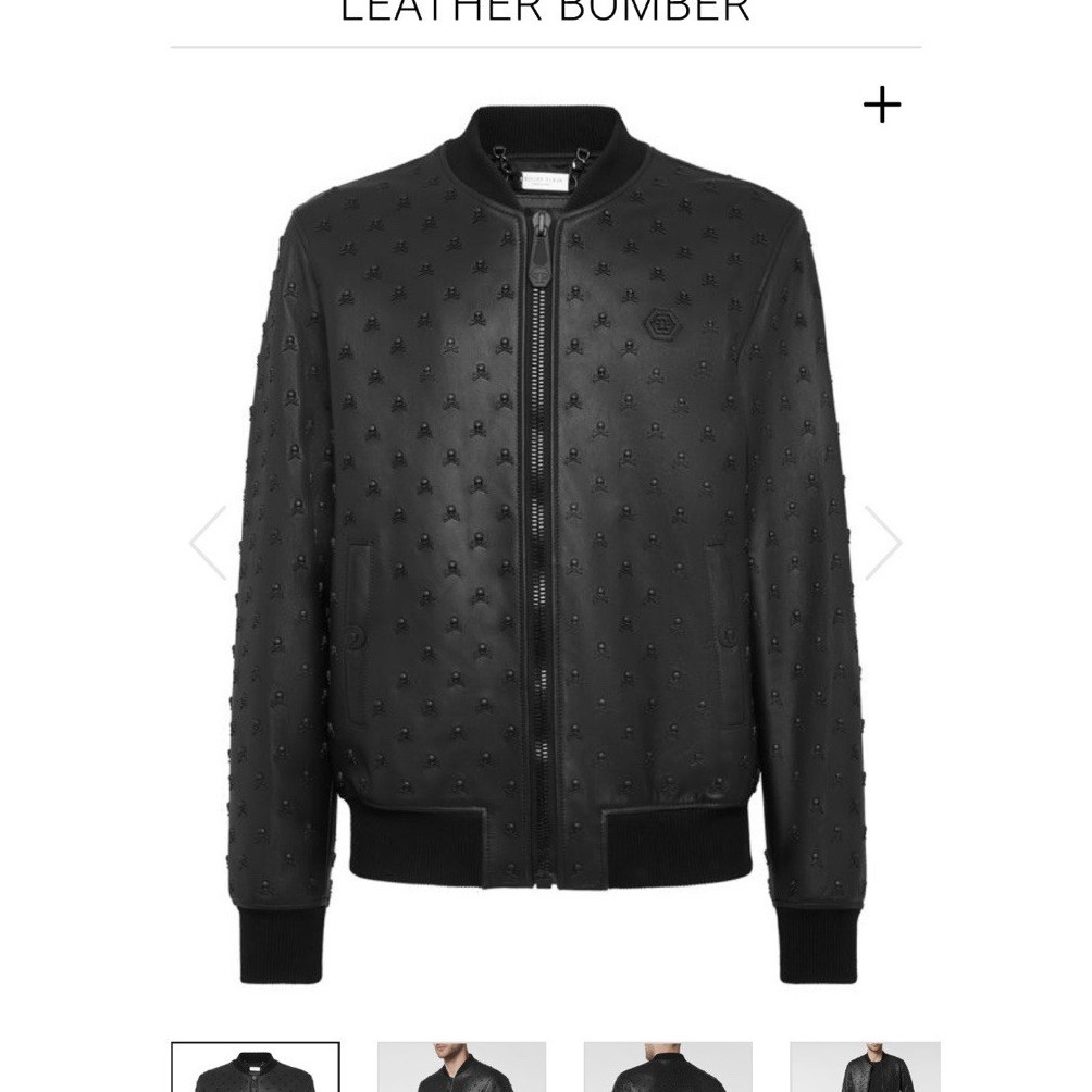 Philipp Plein Men’s Leather Bomber Jacket Black Skull Pattern Full Zip Size S
