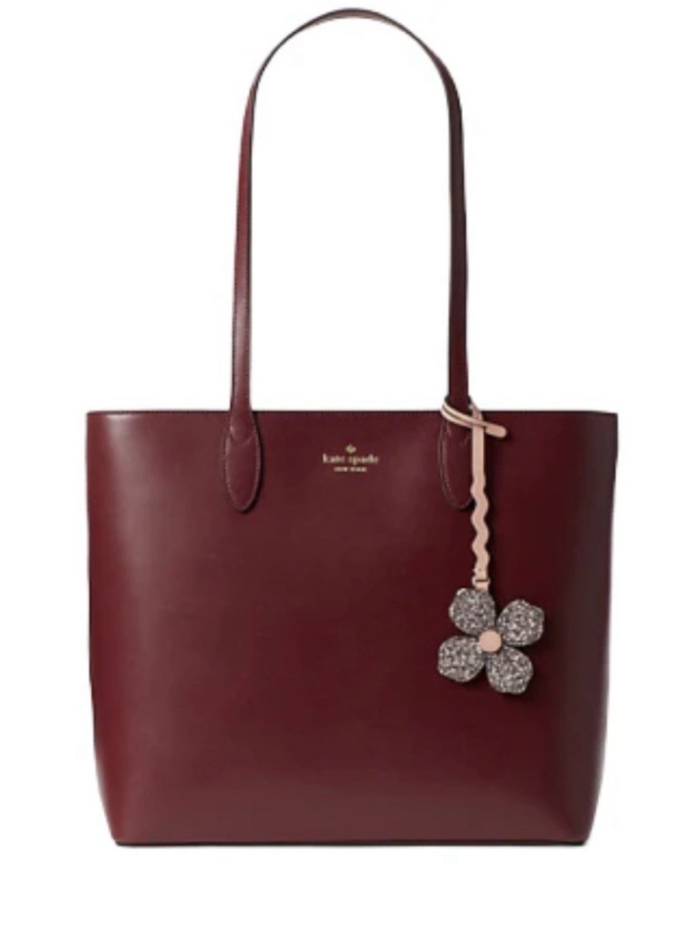 Kate Spade Burgundy Leather Tote with Pink Flower Charm