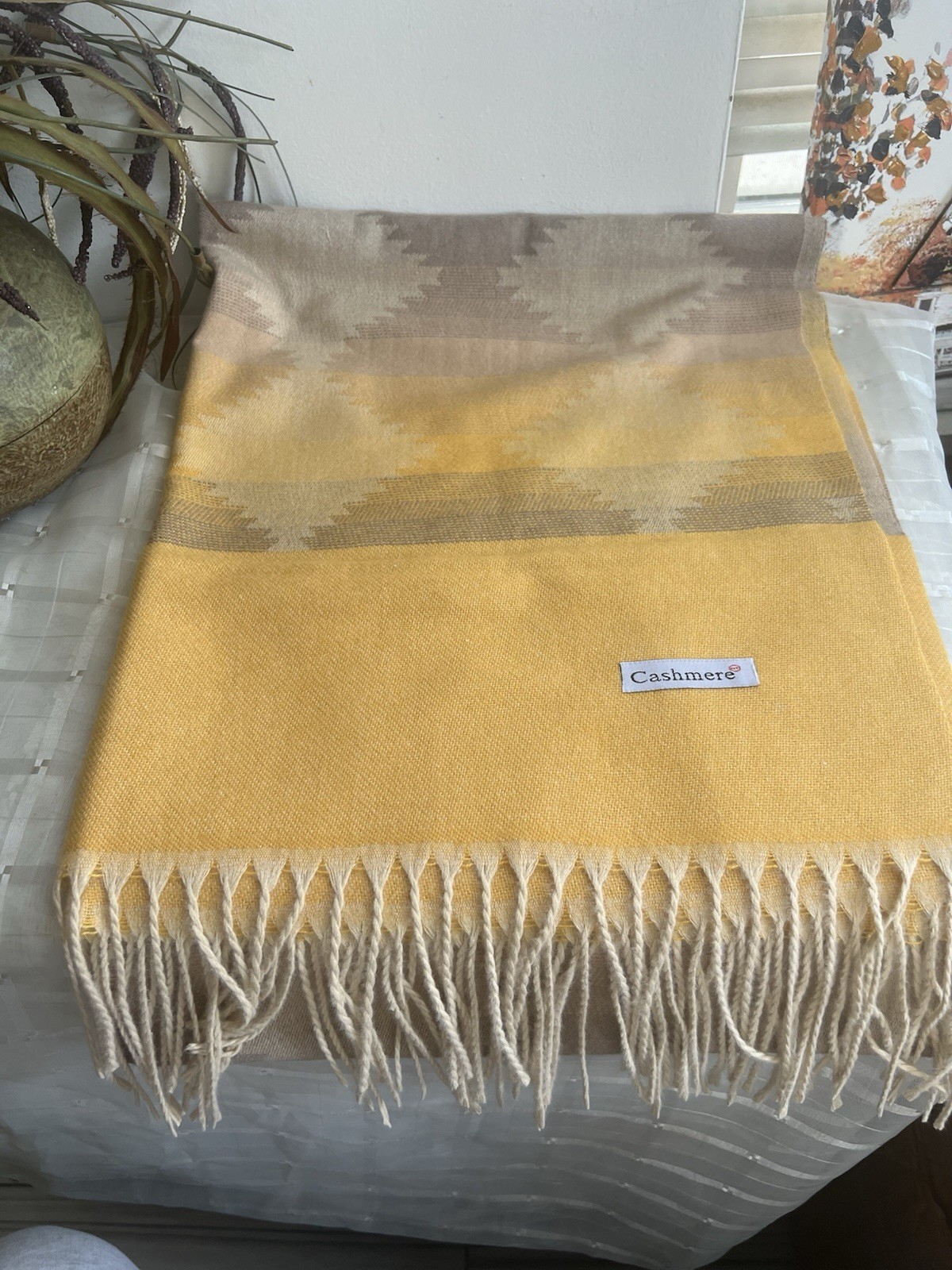 Yellow & Beige Geometric cashmere shawl throws