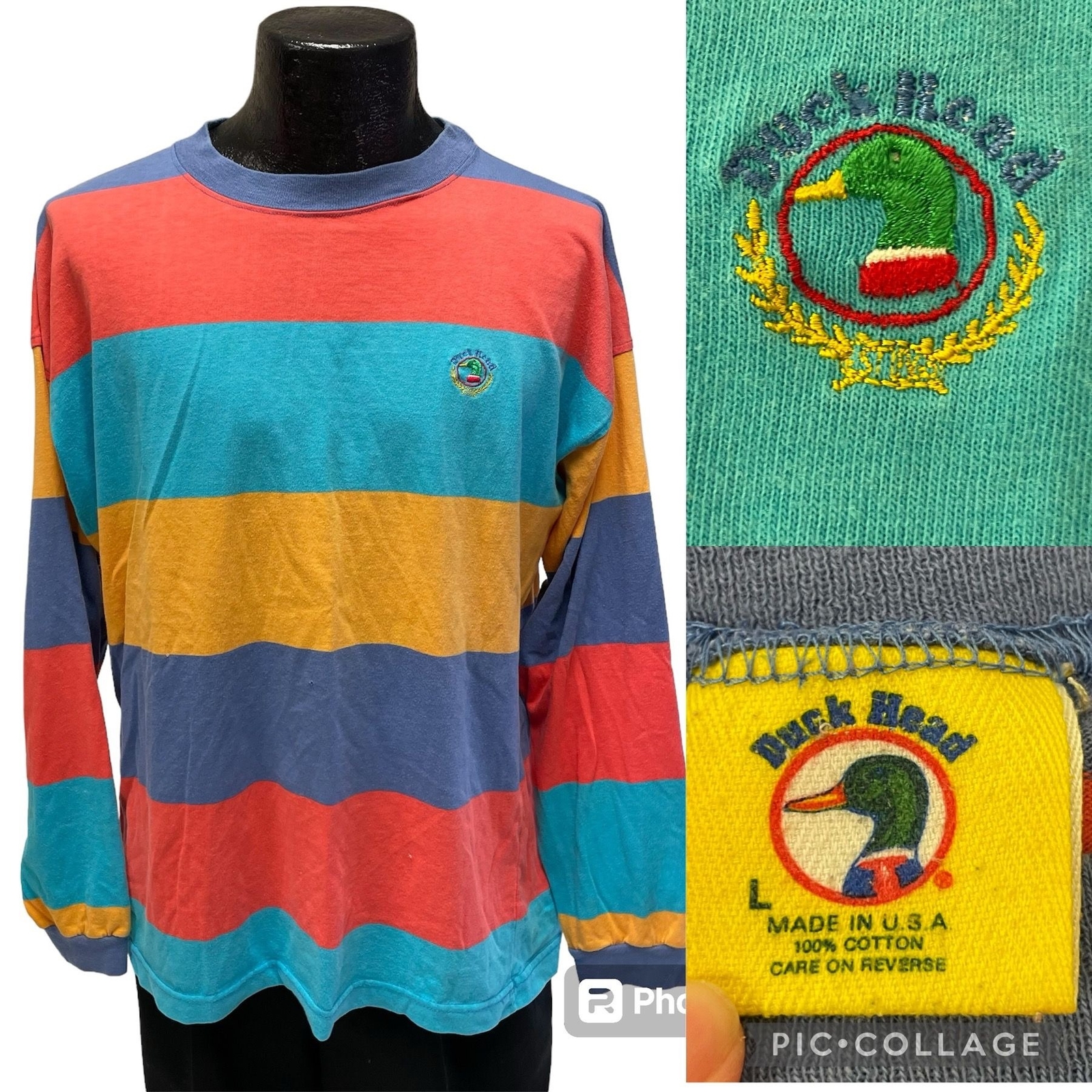 Vtg 90’s Duck Head NEON RAINBOW STRIPE Long Sleeve LOGO Streetwear HIP HOP Shirt