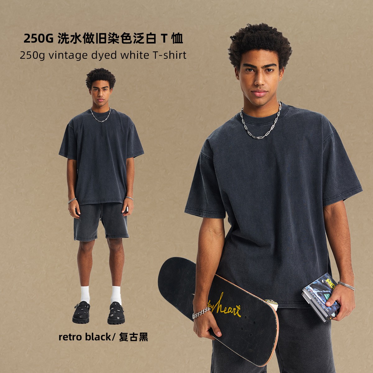 Summer washed vintage short sleeve T-shirt loose pure cotton men’s retro T-shirt