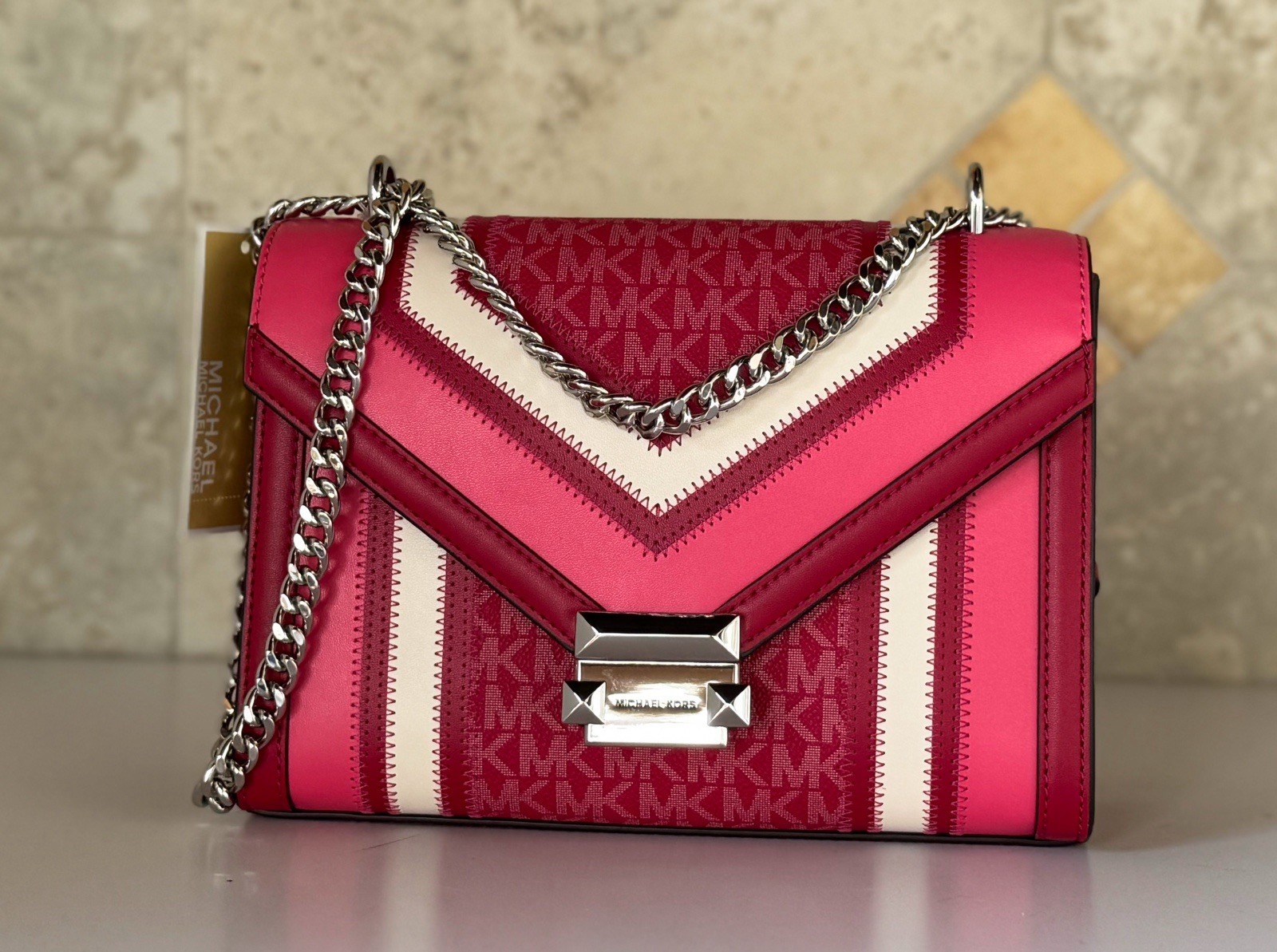 Michael Kors Whitney Medium Flap Shoulder Chain Crossbody Bag MK Dark Raspberry