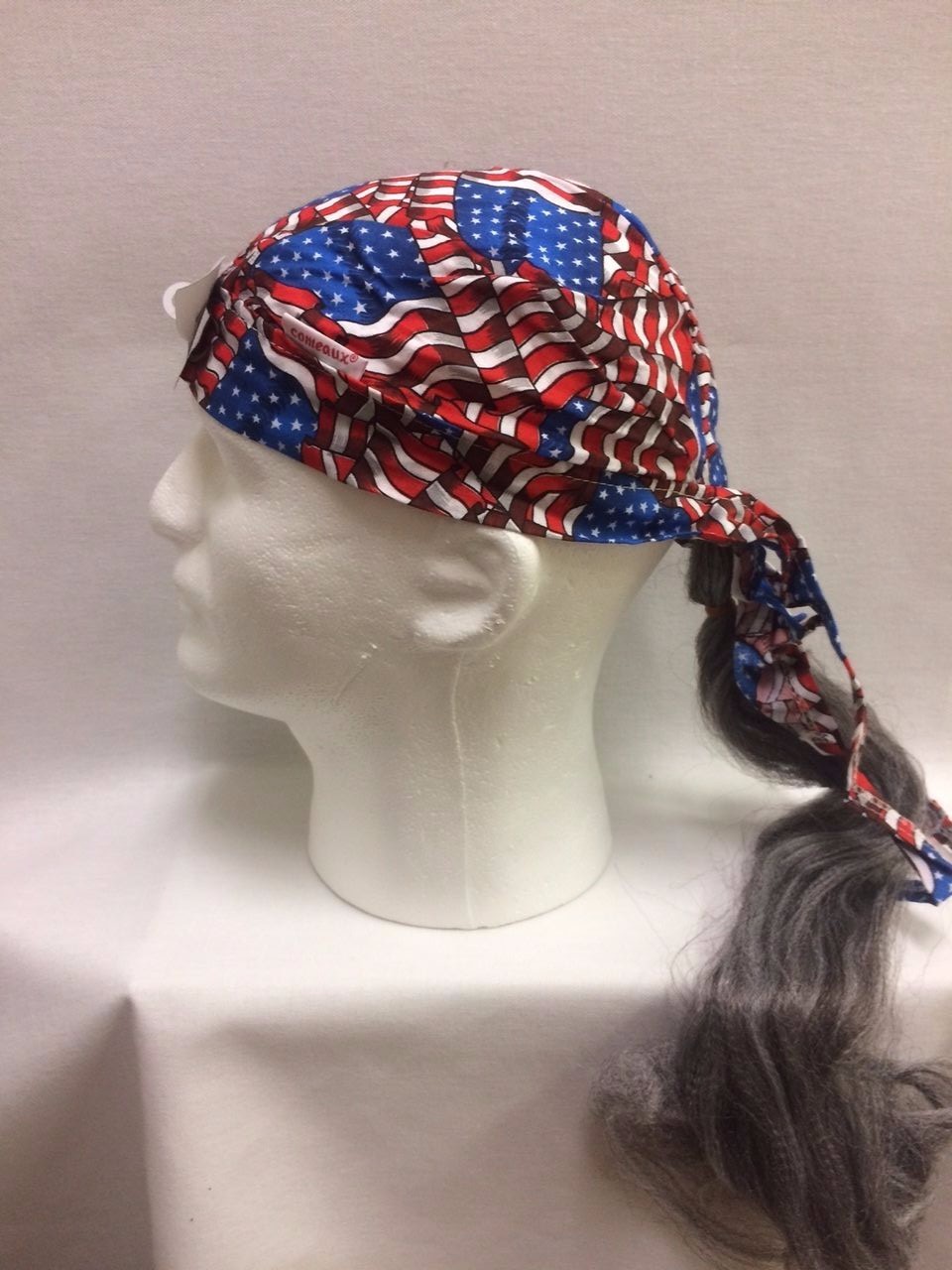 Assorted Doo Rag Bandana with grey synthetic hair fun hat Comeaux Caps Halloween