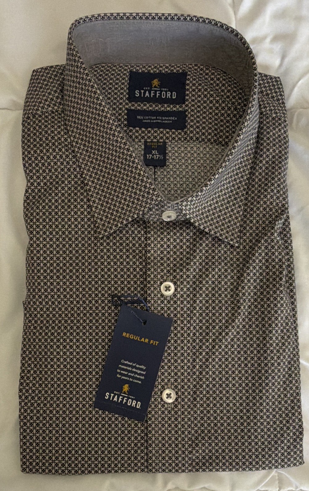 Stafford Stretch Geometric Dress Shirt Gray Regular Fit 17-17.5 32/33