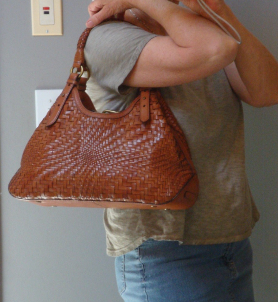 COLE HAAN Genevieve Brown Leather Boho Handbag Satchel Woven Large Tote Weave