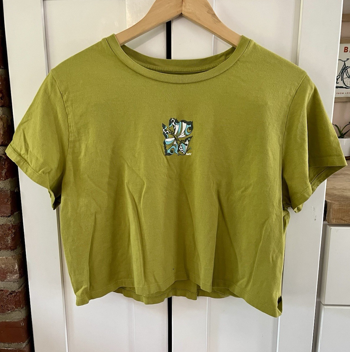 Levi’s Womens XL Vintage Green Butterfly Graphic Print Cropped Crew Neck Tee Y2K