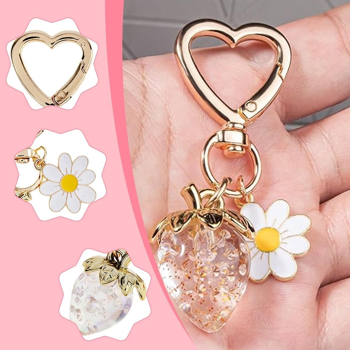 Strawberry White Pink Red Bag Charm Keychain for Purse Handbag Women Gift