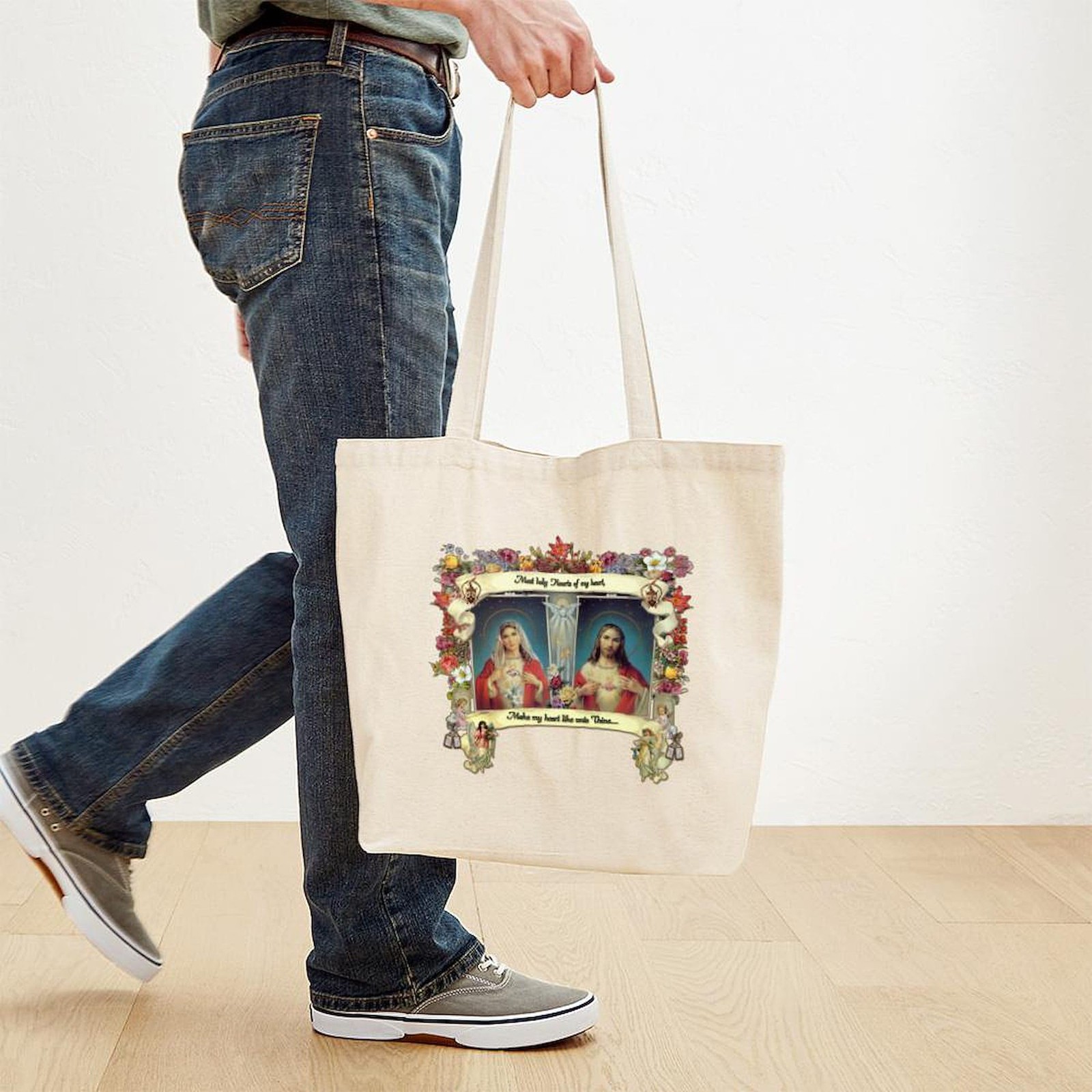 CafePress Sacred and Immaculate Hearts Tote Bag Reusable Medium, Khaki