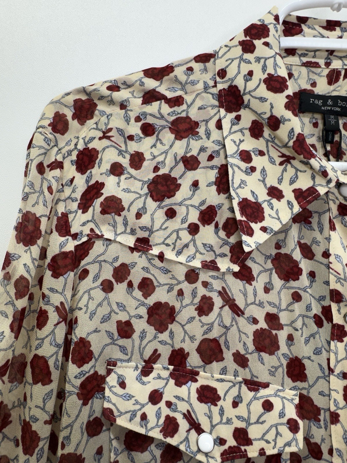 Rag & Bone NWT Farren Red Floral Western Inspired Viscose Shirt Pearl Snap M