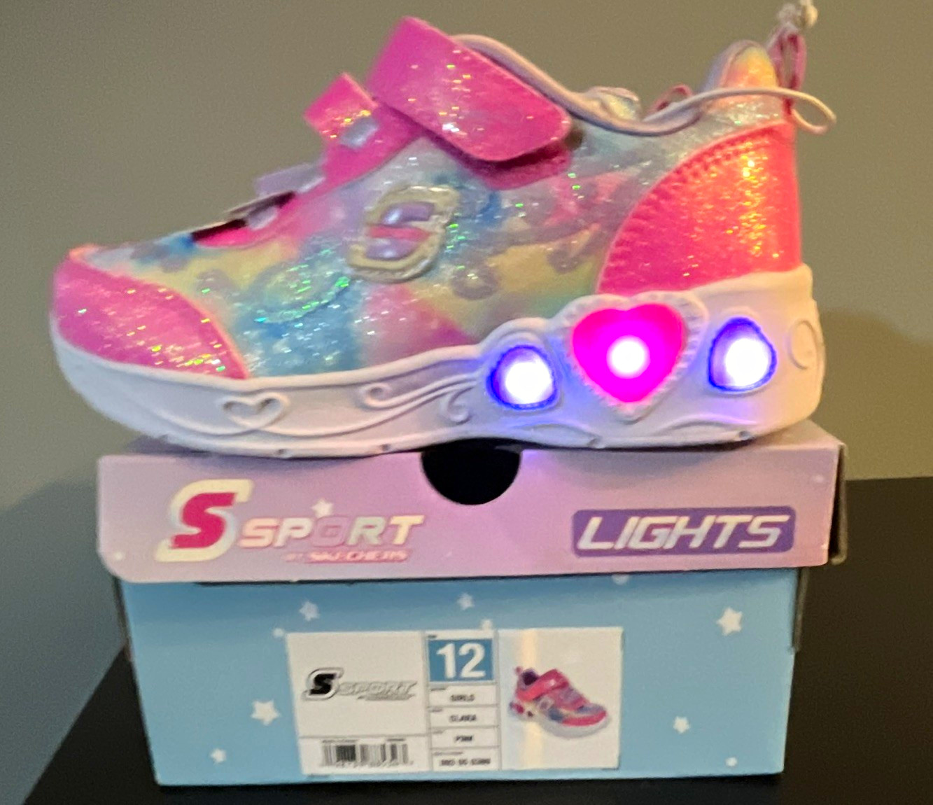 S Sport by Skechers Lights LED Light-Up Hook & Loop Pink/Blue Glitter Sz 12
