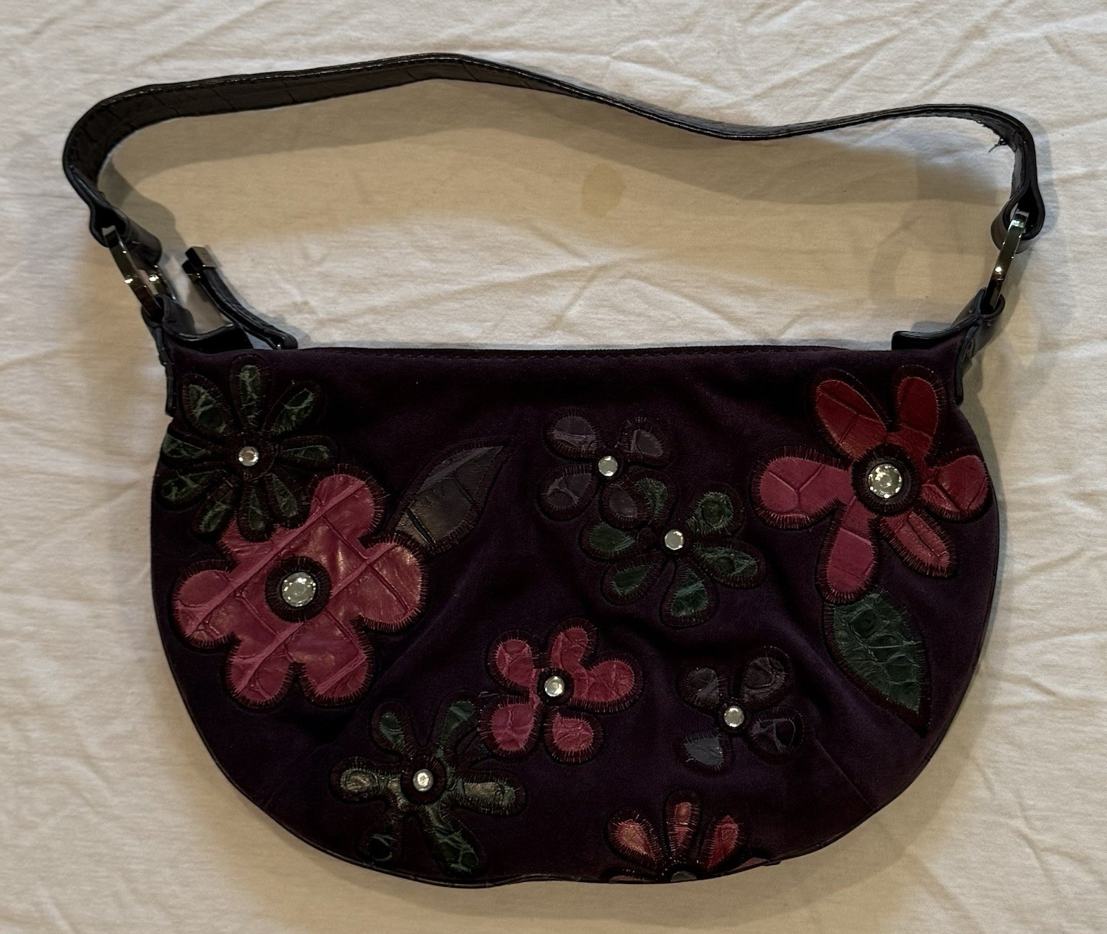 Donald J Pliner Purple Floral Applique Zip Shoulder Bag w/ Inner Pockets
