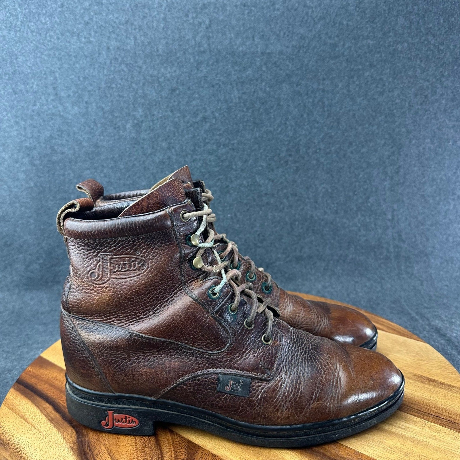 Justin Mens Brown Leather Lace Up Work Boots 902 Size 9.5 D Rugged Ankle Boots