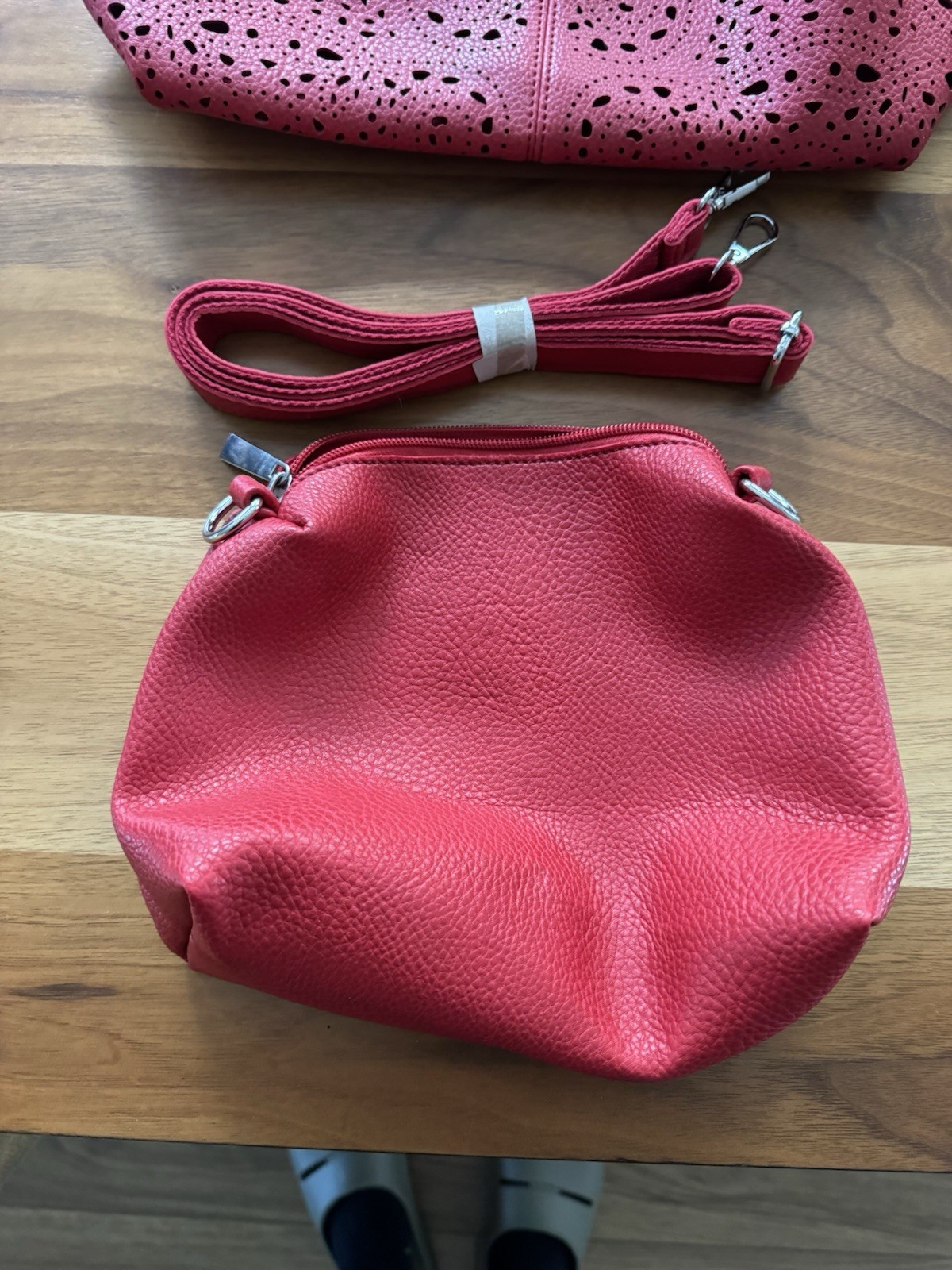 Paolo Bags Red Perforated Crossbody Bag Detachable Strap Silver Hardware