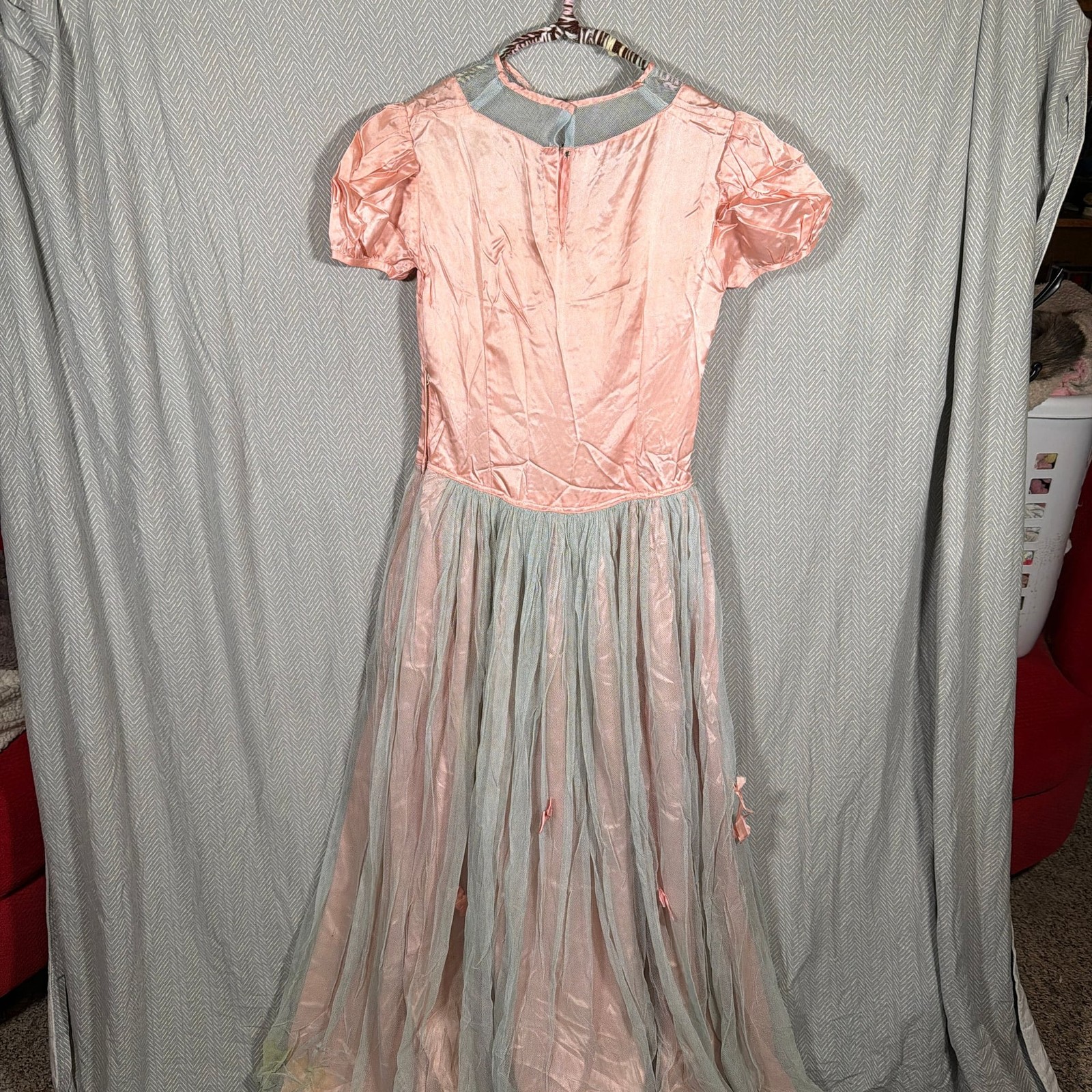 Vintage 1940s Early 50s Rose Pink Satin Dress Gown With Tulle Skirt – ,