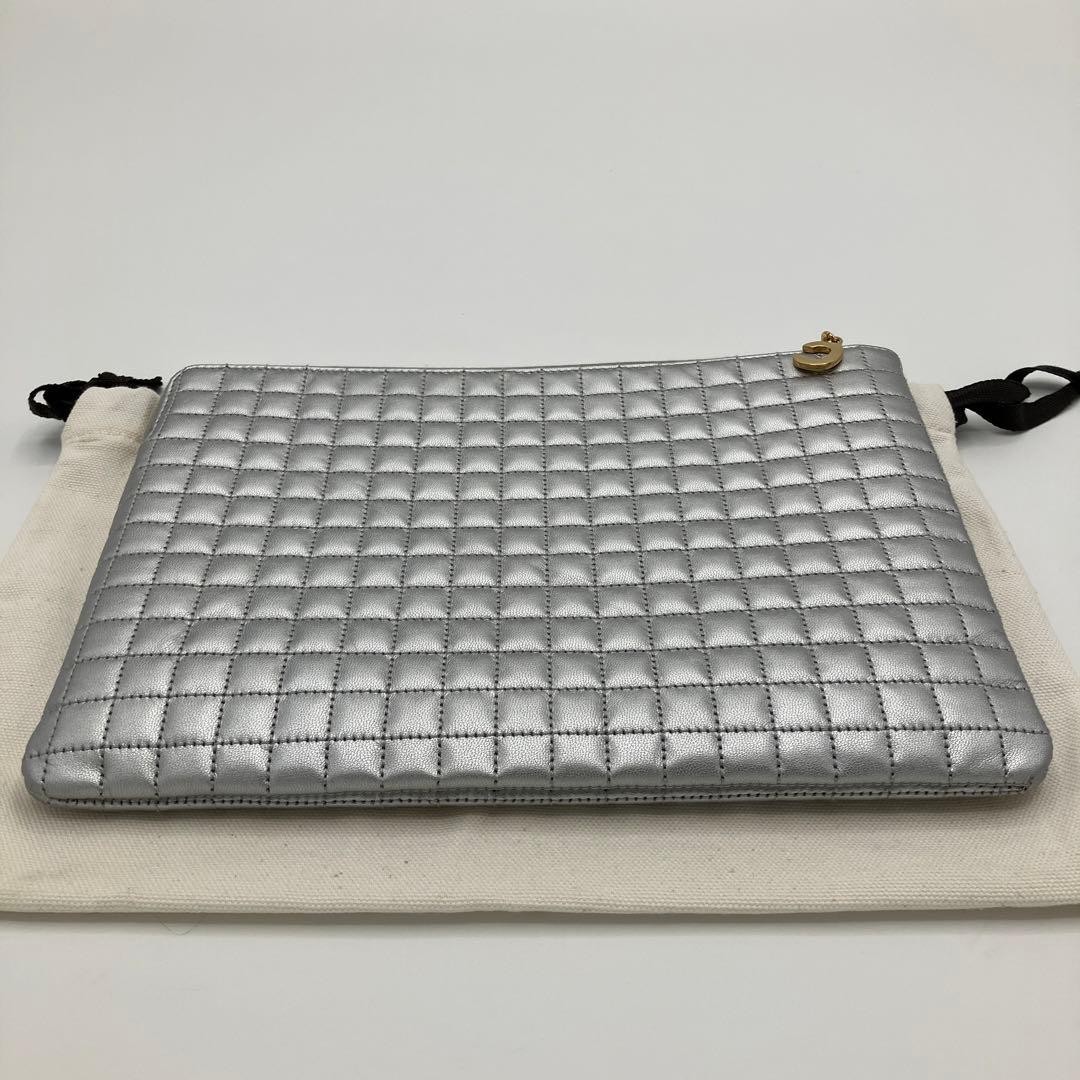 CELINE Quilted Leather Clutch Bag Silver C Charm Unused Ladies Fashion