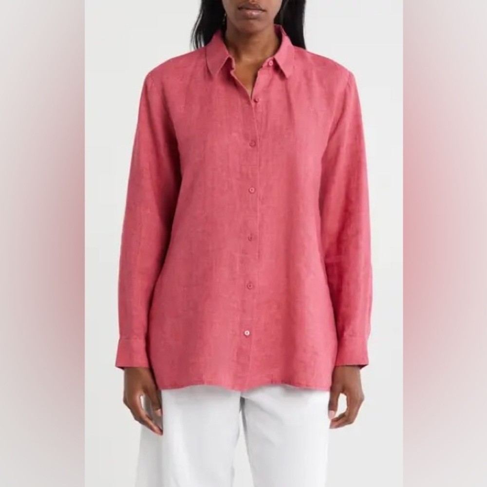 Eileen Fisher 100% Irish Linen Button Front Top Coral Large NWOT