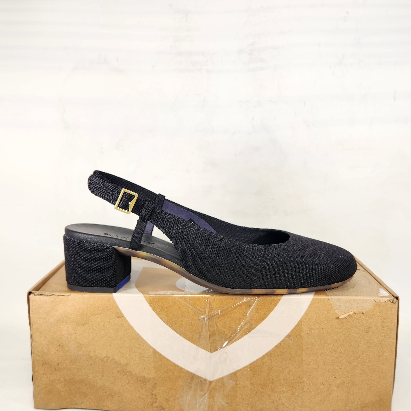 10.5 WOM – Rothys The Heel Ballet Slingback – Black Knit Stretch MID HEEL