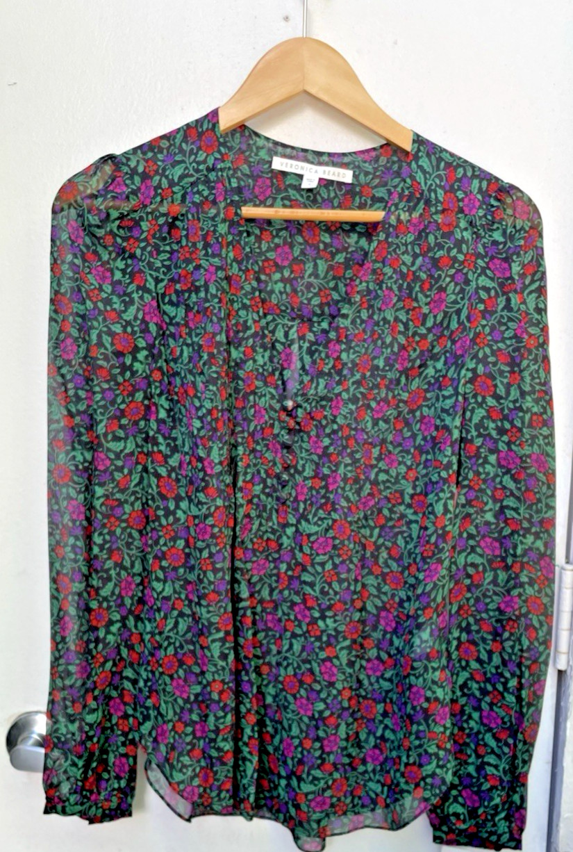 Veronica Beard | Black Multicolor Floral 100% Silk Blouse Long Sleeve Size 4