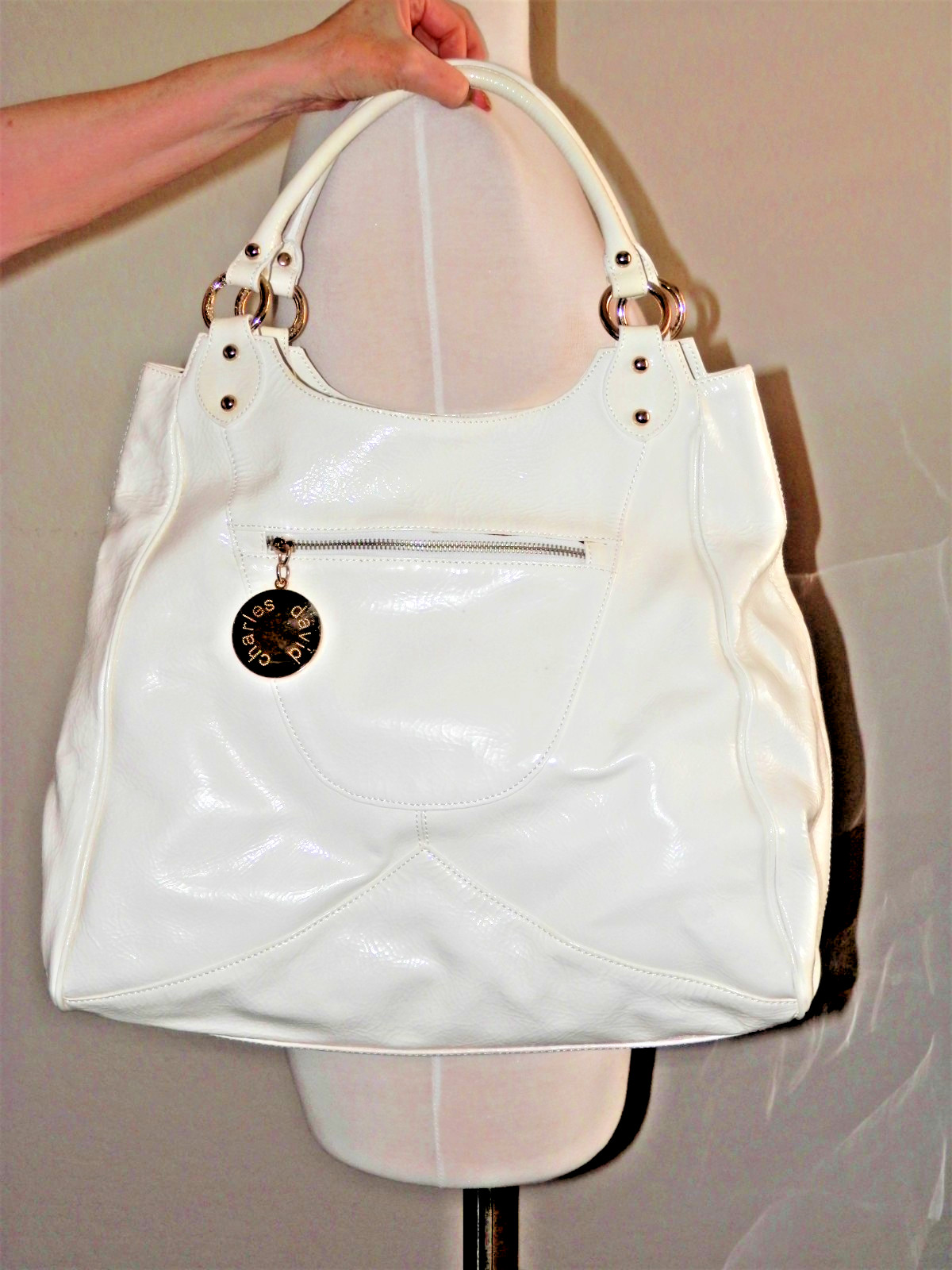 Charles David White Leather Shoulder Bag w/Bag Cover New