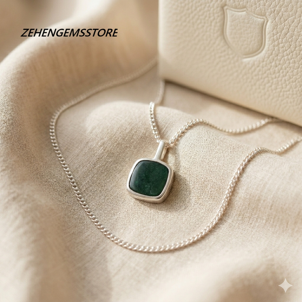 Lab Created Jade Pendant Necklace 925 Sterling Silver Square Green Gemstone
