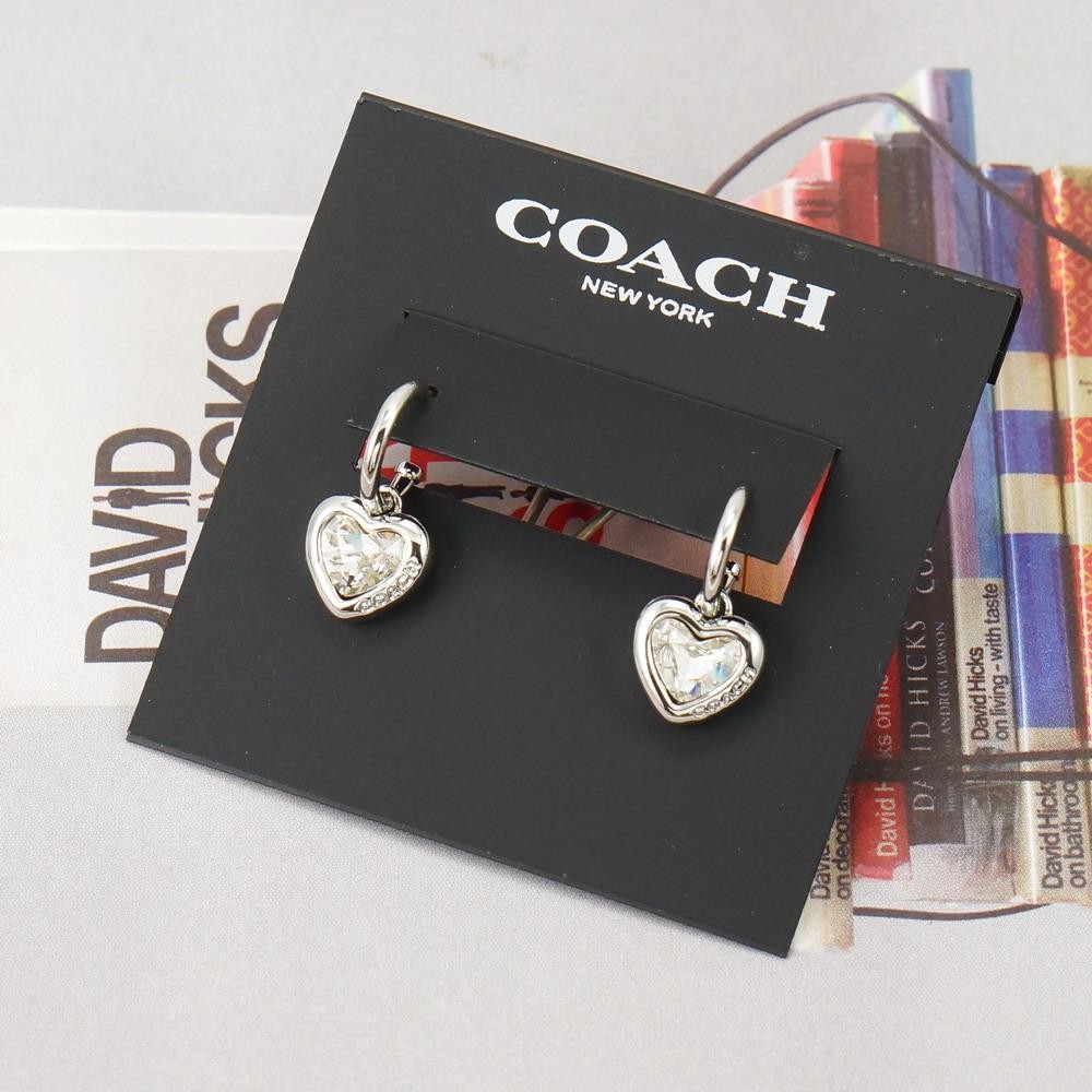 NWT Coach Stone Heart Huggie Earrings Clear Silver Tone