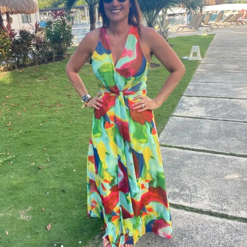 Ralph Lauren Rainbow Watercolor Chiffon Gown SIZE 14 Plunging Maxi Designer $265