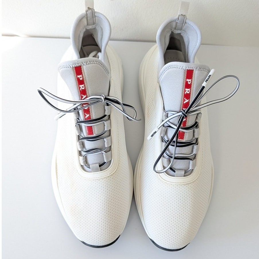 Prada Bicolor Slip On Lace Sneakers Womens EU39.5/US 9.5 White Neoprene Logo